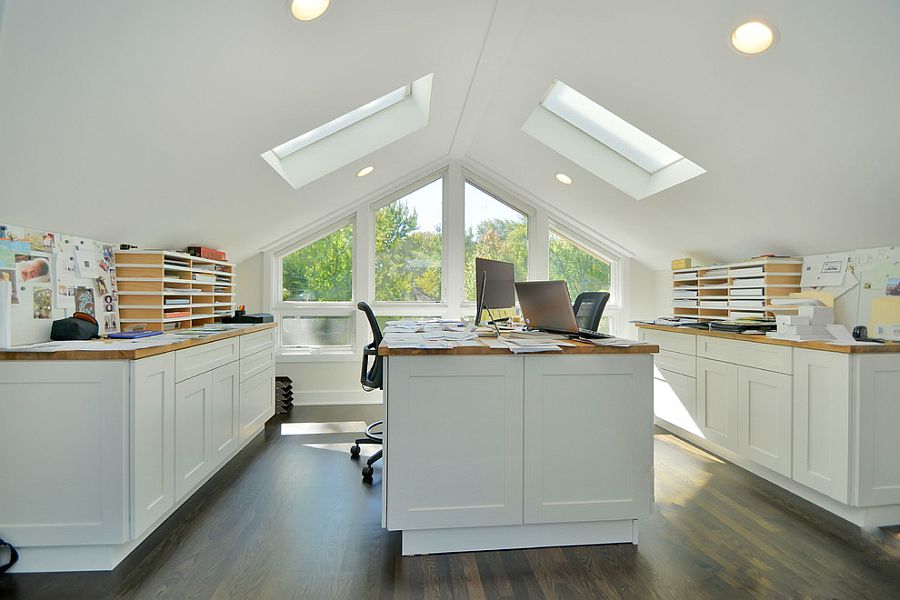 Contemporary home office with gabled roof and skylights [Design: Signature Properties of Illinois]