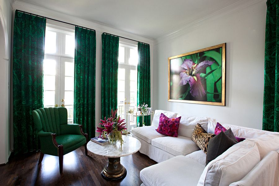 Contemporary living room with drapes in Malachite printed fabric