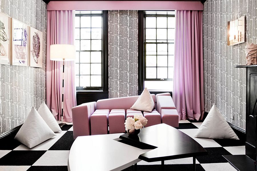 Contemporary living room with pretty pink pastel tones