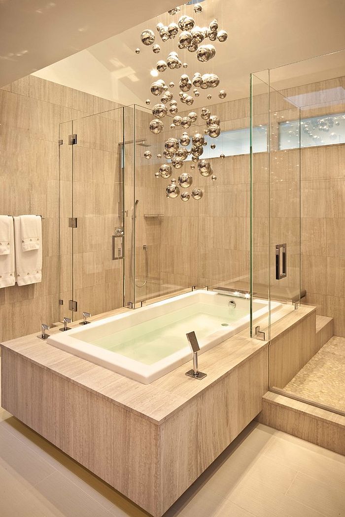 Cool chandelier brings metallic magic to the minimal bathroom [Design: Wood Construction]