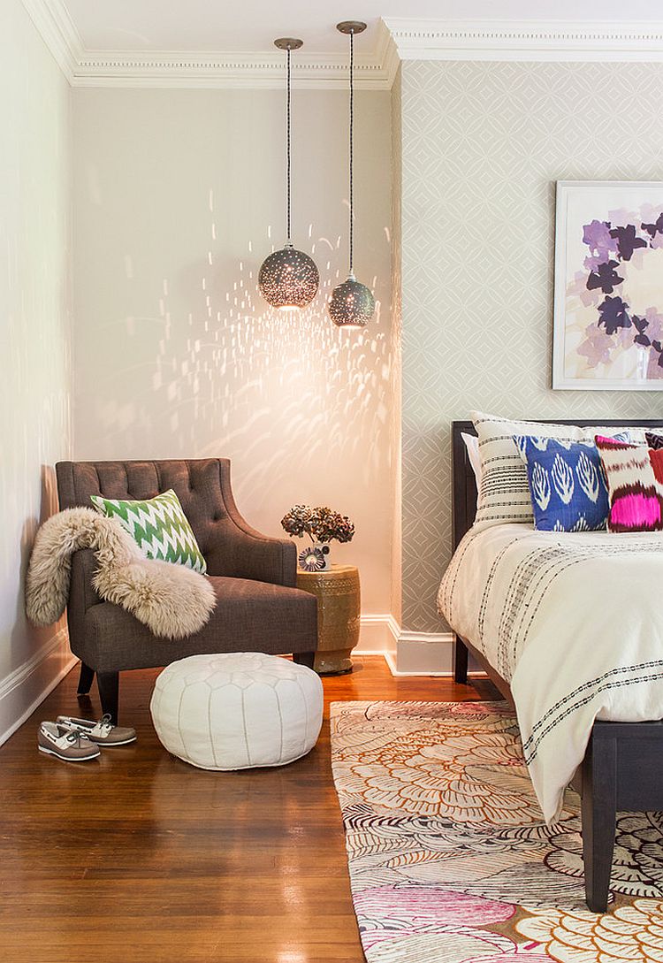 Corner of contemporary bedroom turned into a reading nook