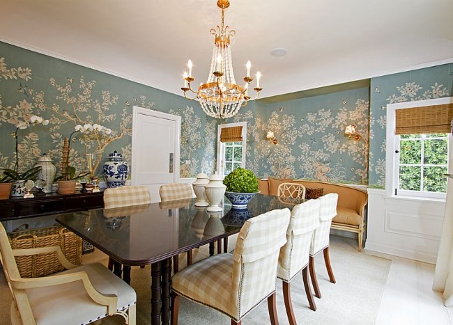 dining room with palm wallpaper