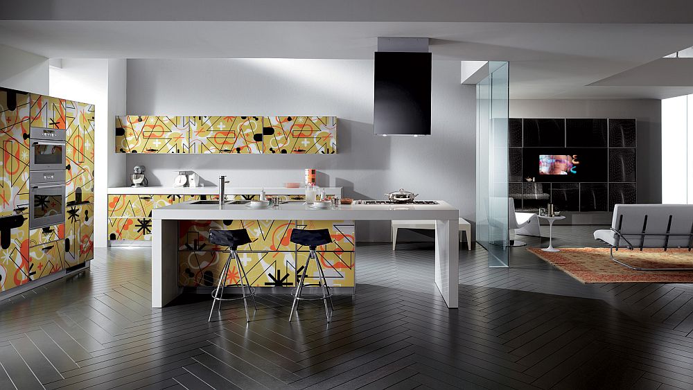 Crystal blurs the line between the living space and the kitchen Crystal Living and Kitchen: Glossy Designs Display Inspired Silkscreen Printing!