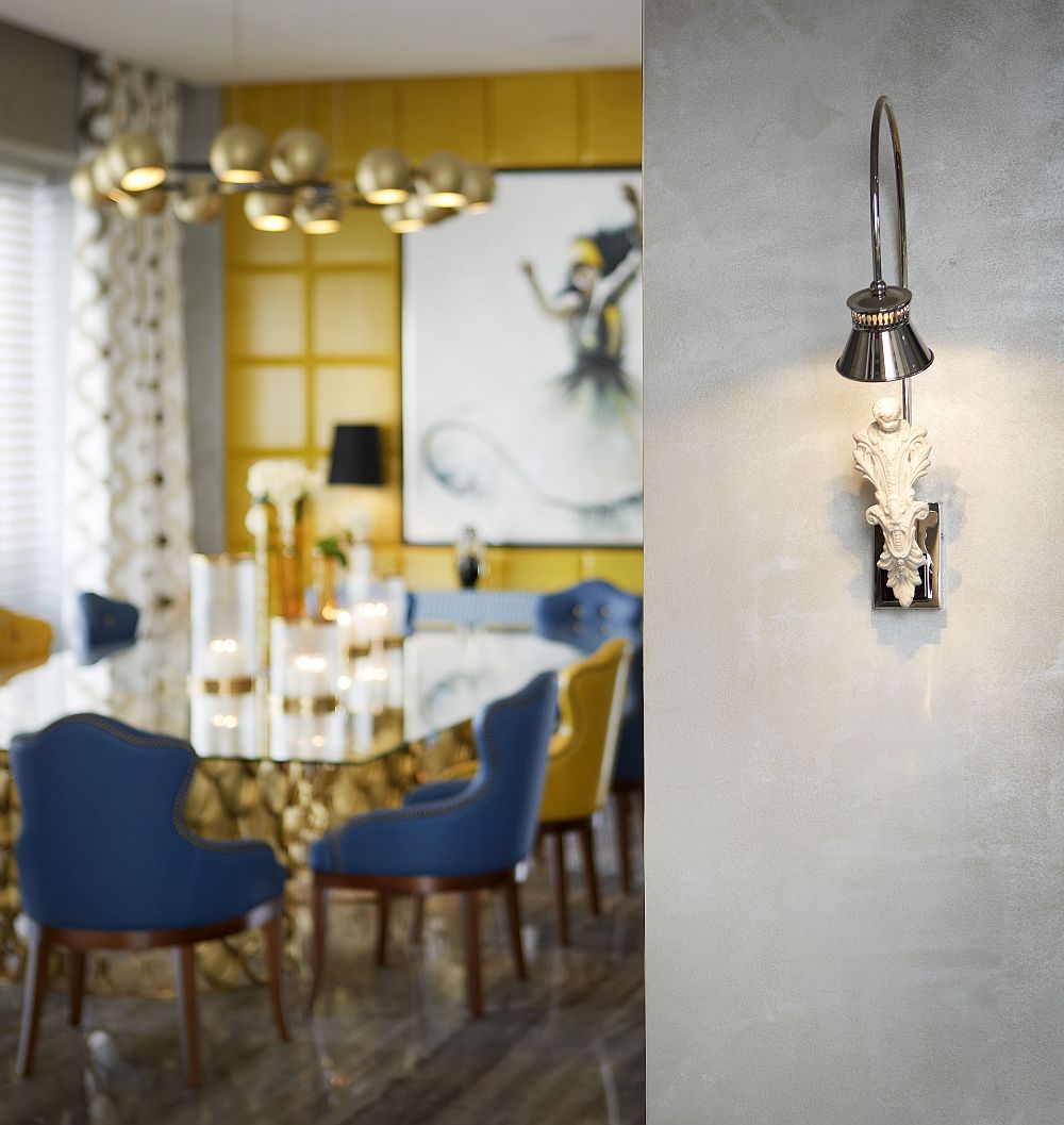 Custom lighting fixtures and brilliant accessories add uniqueness to the opulent villa