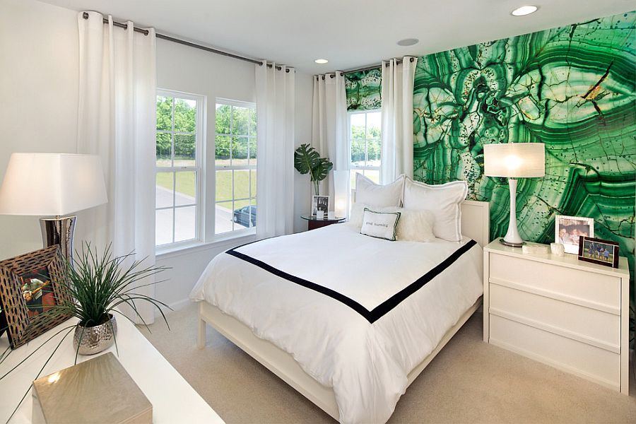 Custom made wall mural in the bedroom inspired by Malachite [Design: Carlyn And Company Interiors + Design]