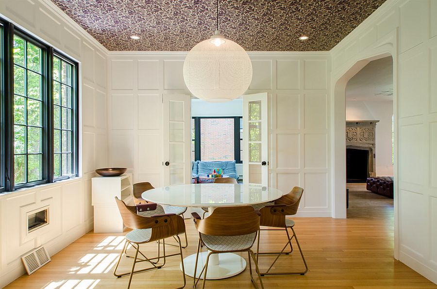 Design of the dining room puts the focus on wallpapered ceiling [Design: Sleeping Dog Properties]