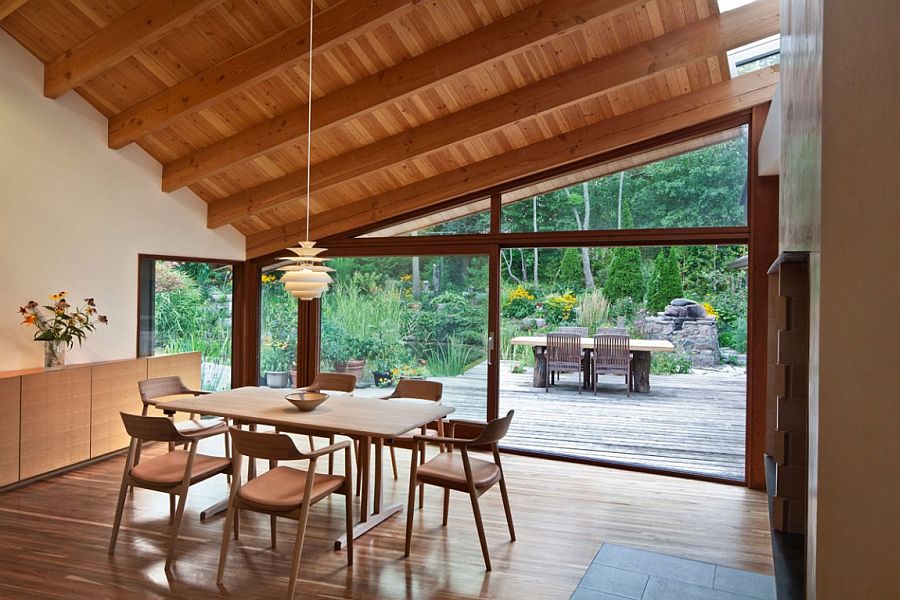 Dining room with a view of the garden, deck and the pond