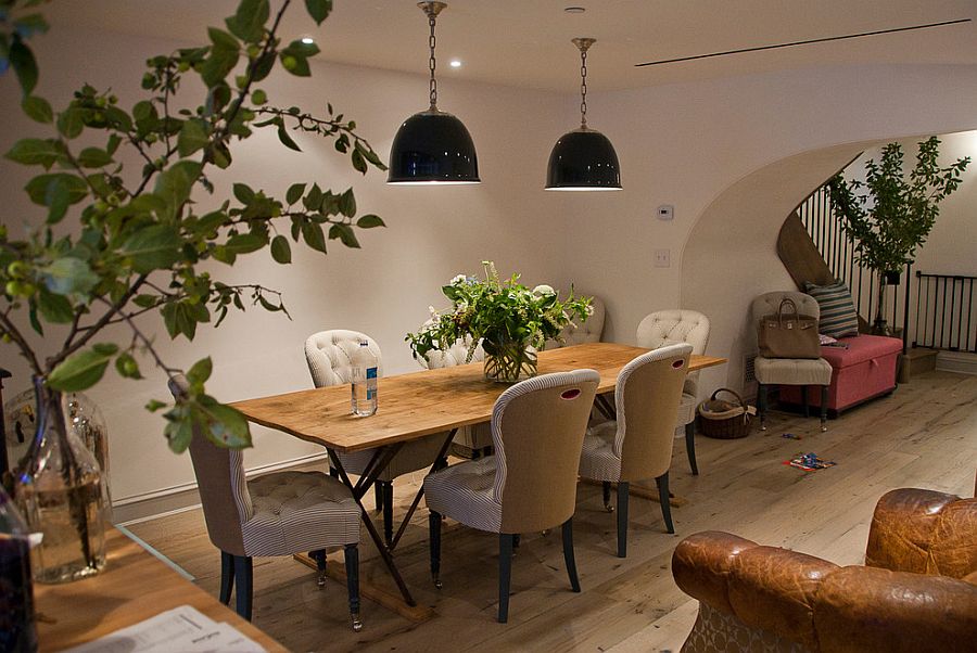 Dining room with greenery and industrial style lighting