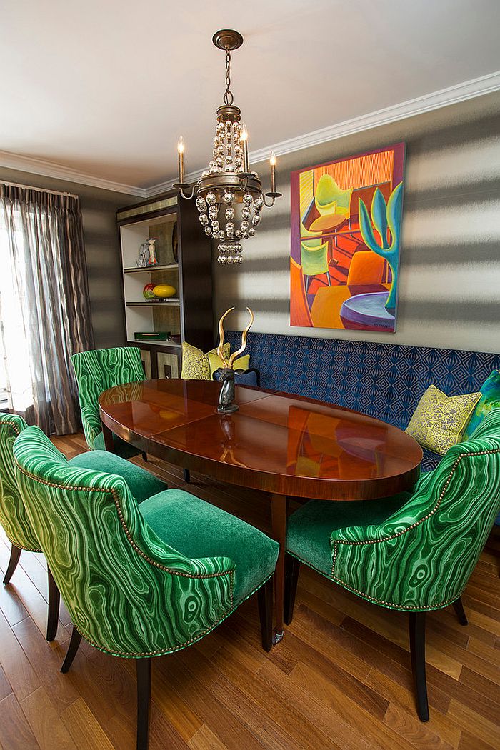 Dining table chairs add emerald green to the setting [Design: Lee Meier Interiors]