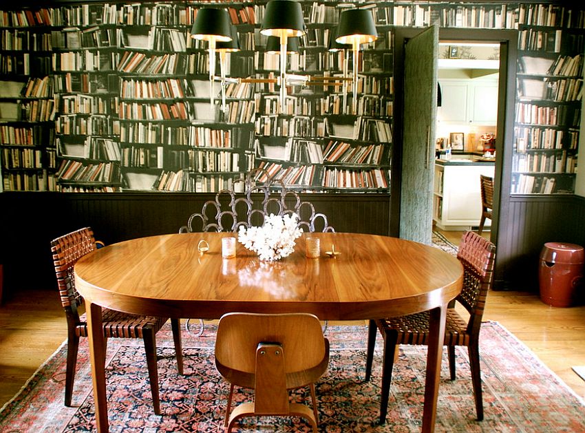 Eclectic dining room with a unique wallpapered backdrop [From: Lisa Borgnes Giramonti]