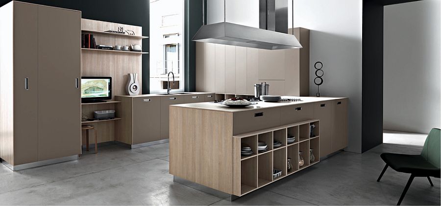 Elegant kitchen island with open shelves and ample cabinet space