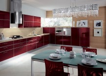 Exquisite use of hot red in the kitchen