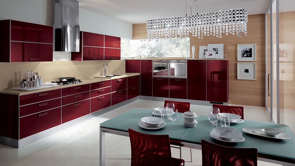 Exquisite use of hot red in the kitchen