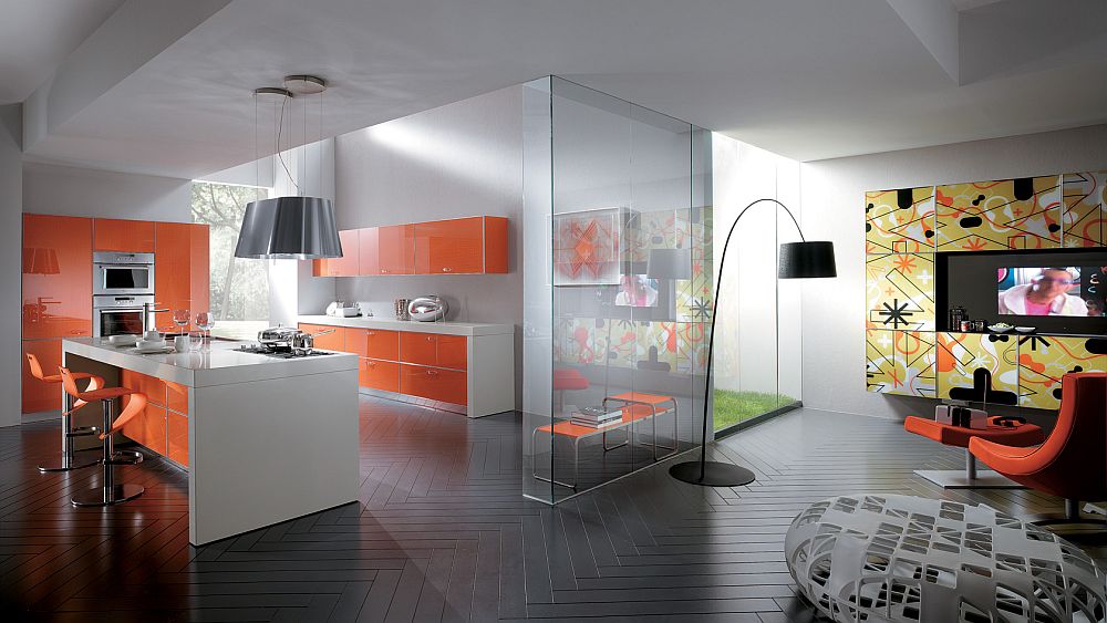 Fabulous use of orange throughout the kitchen and in the living space