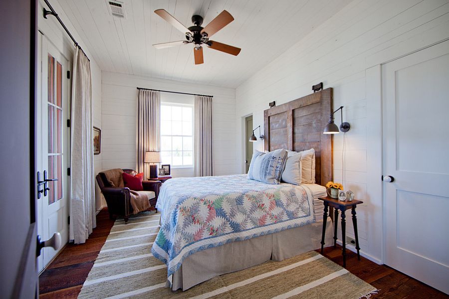 Farmhouse style bedroom with custom headboard