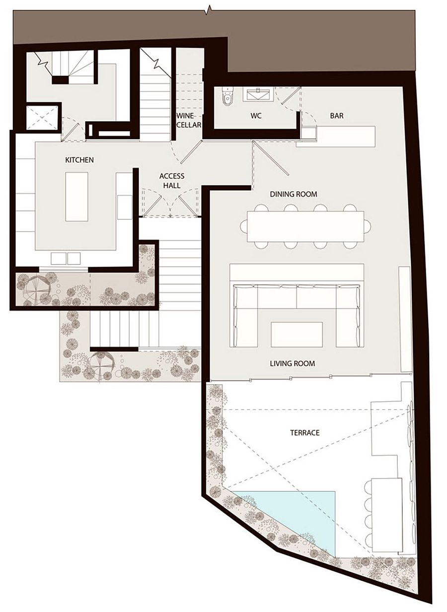 Floor plan of the lower level of the lavish Mexican home