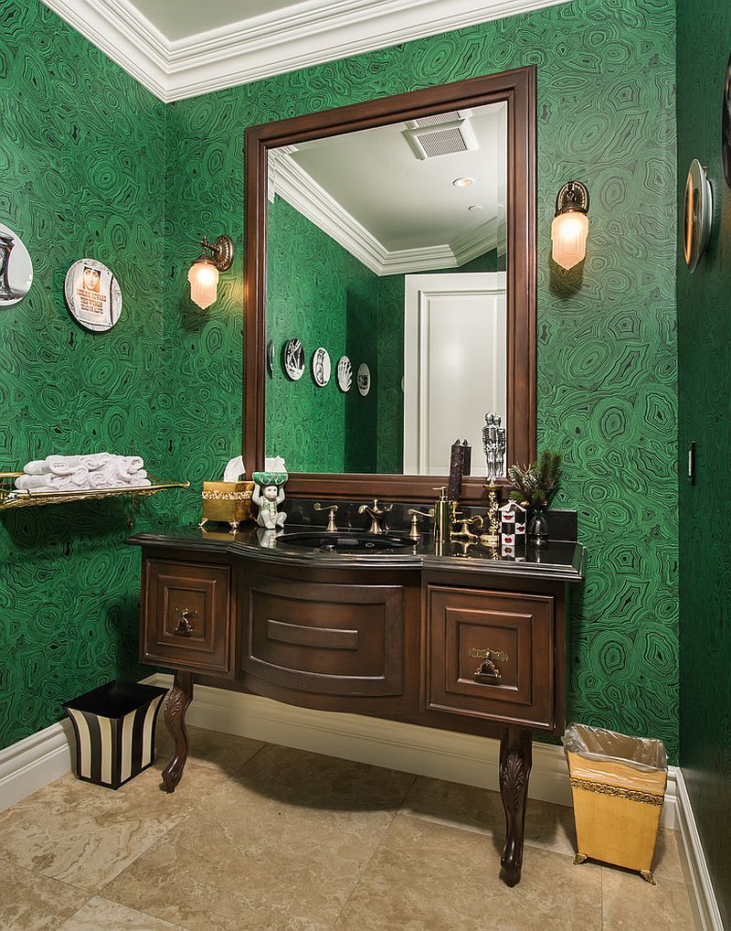 Fornasetti Malachite Wallpaper in this Mediterranean powder room is a less expensive alternative [Design: ForTech Solutions]