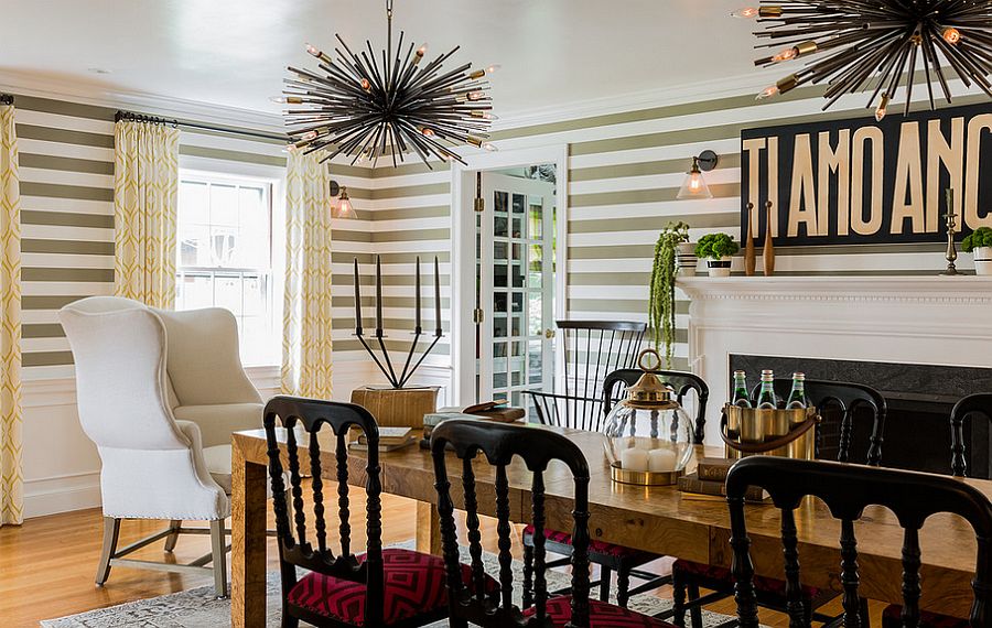 Fun dining room design with striped wallpaper