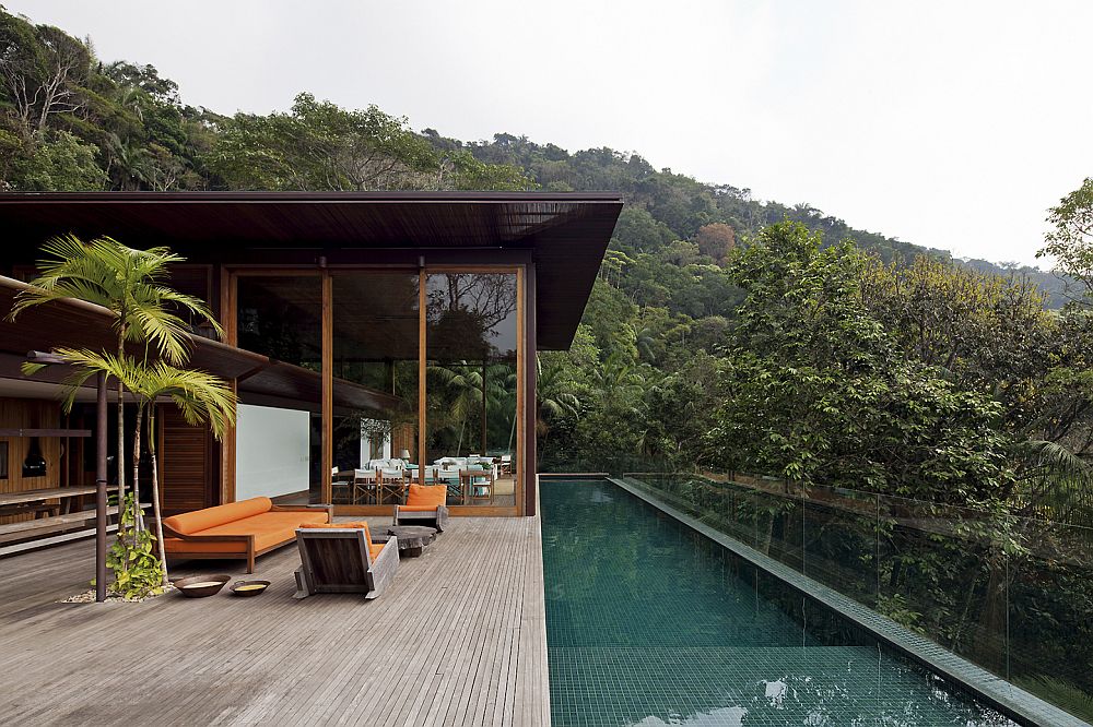 Grand private deck and lavish pavillion of the Brazilian home with pool