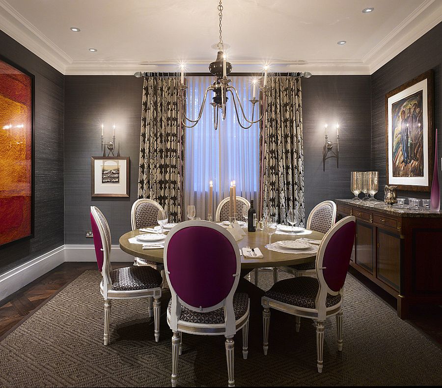 Grasscloth wall covering adds texture to the dining room walls [Design: BNL Interior Design]