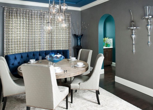 Grey Paint For Dining Room With Blue Drapes