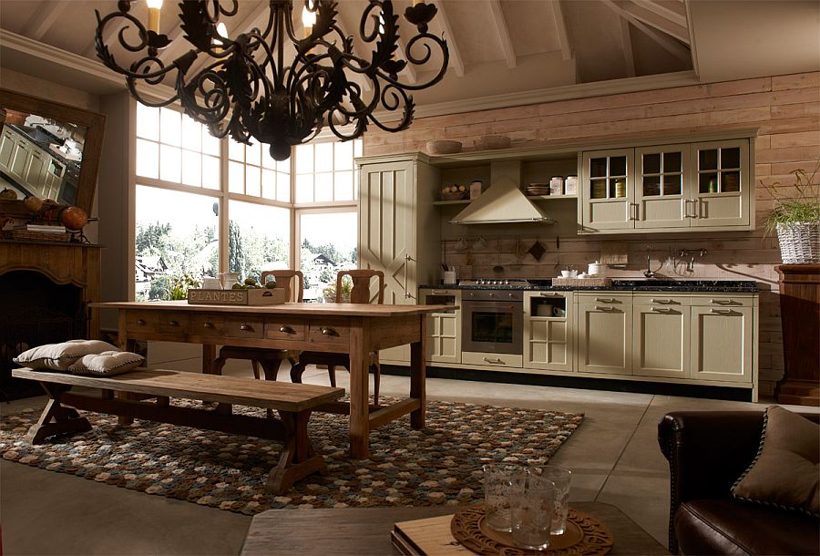 Heavy wooden surfaces and overall ambiance give the kitchen a timeless look