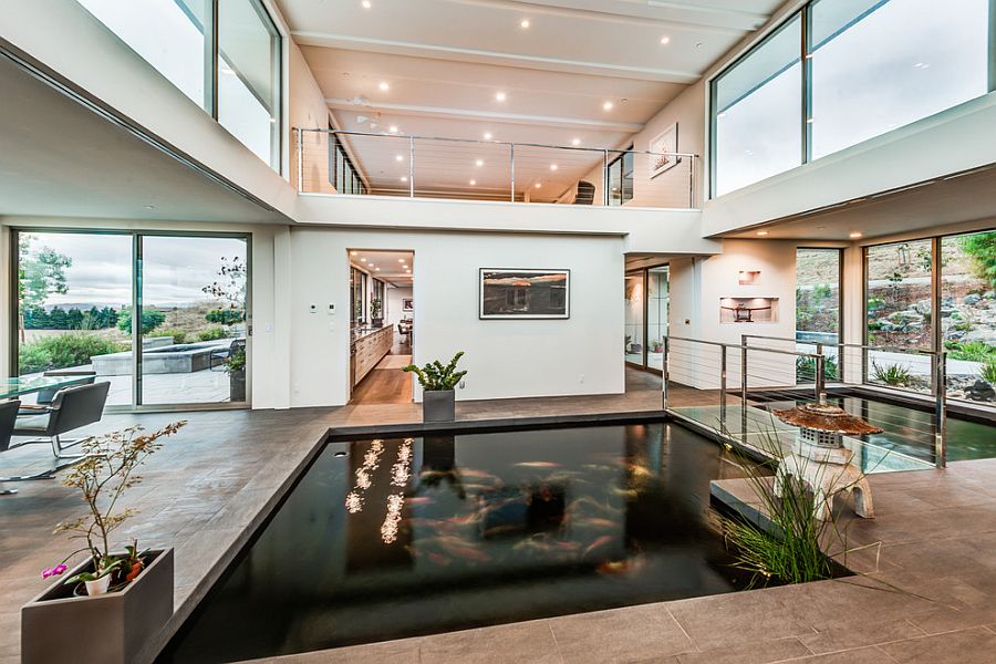 Indoor koi pond and walkway steal the show