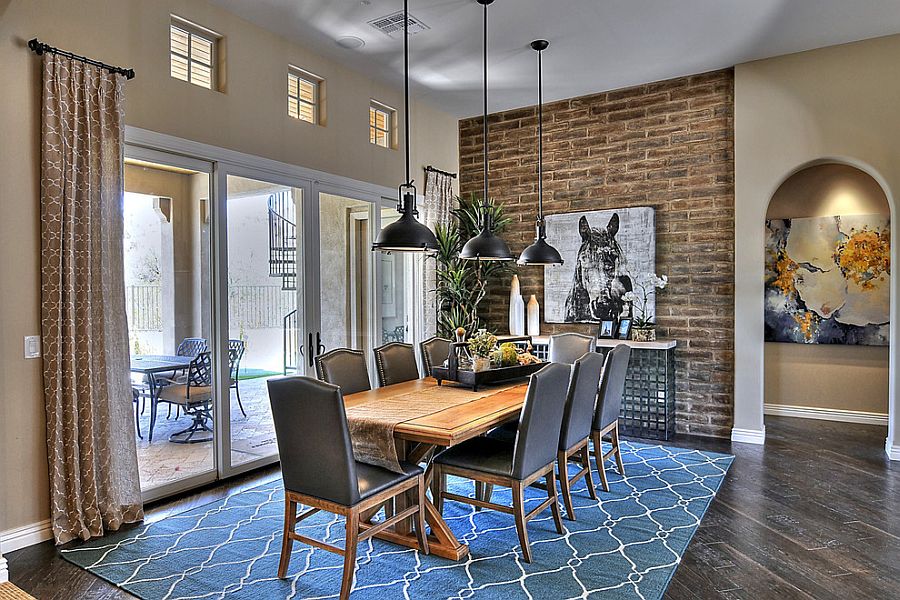 Industrial style dining room with a hint of blue [Design: Maxim Lighting International]