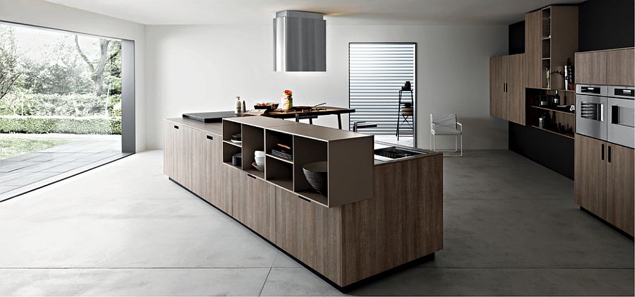 Ingenious kitchen island design in wood with an open shelf