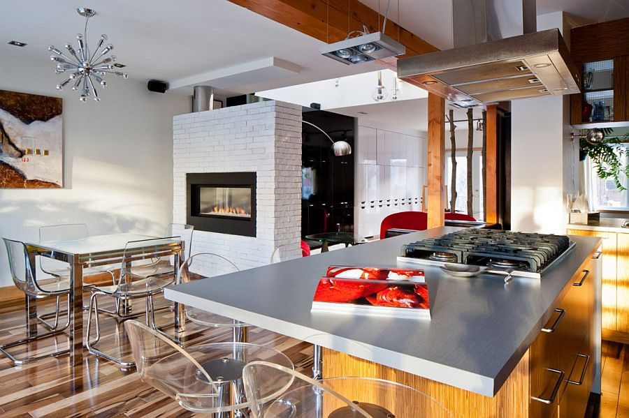 Kitchen and dining area with two-sided fireplace