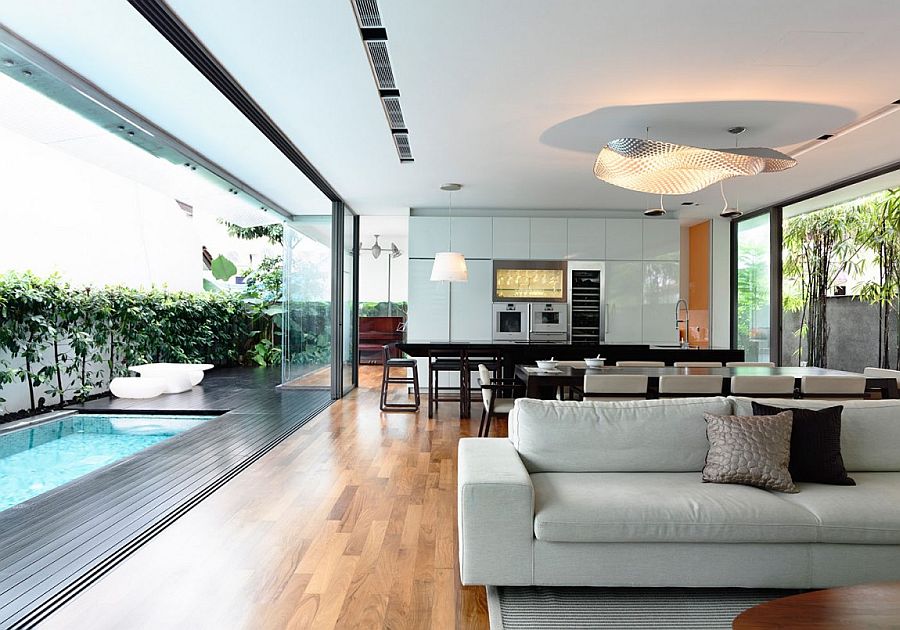 Living Room Overlooking a Swimming Pool