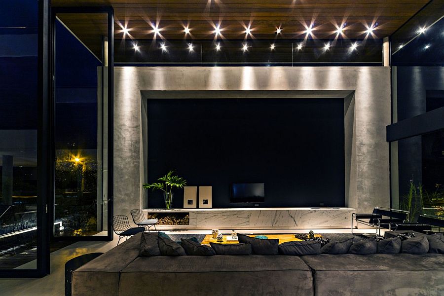 Living room decorated in shades of black and yellow