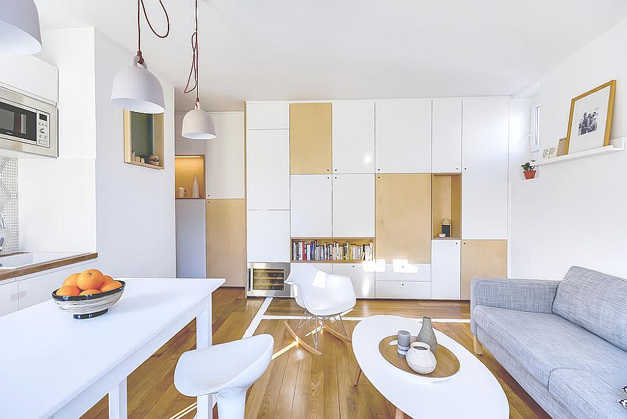 Long Storage wall in the living room with contrasting blocks