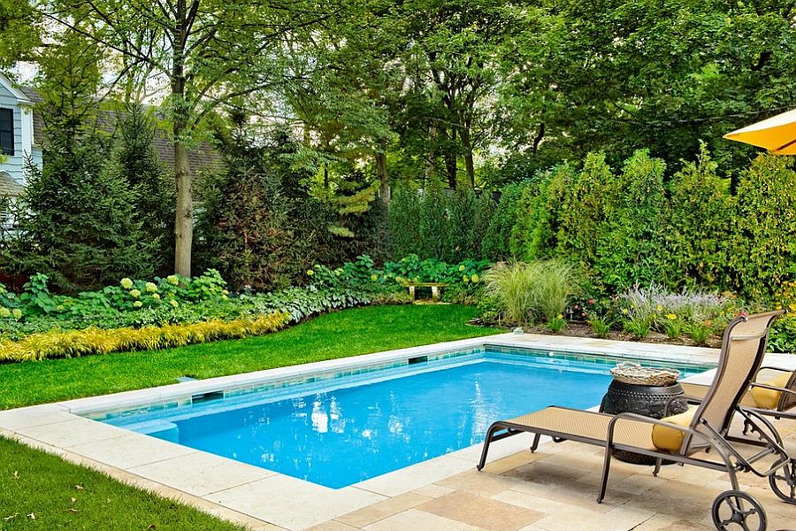 Modern backyard pool with greenery all around and seating.