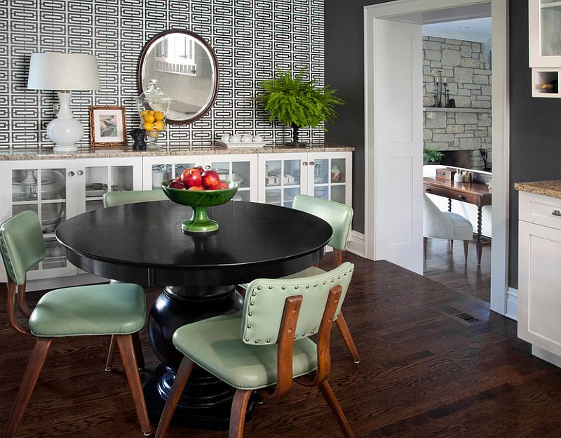 Minimal wallpaper adds pattern to the dining space