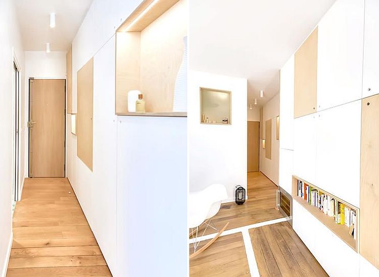 Narrow entry and sleek wall cabinets inside the apartment
