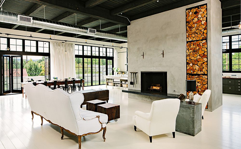 Open plan living area of the industrial home