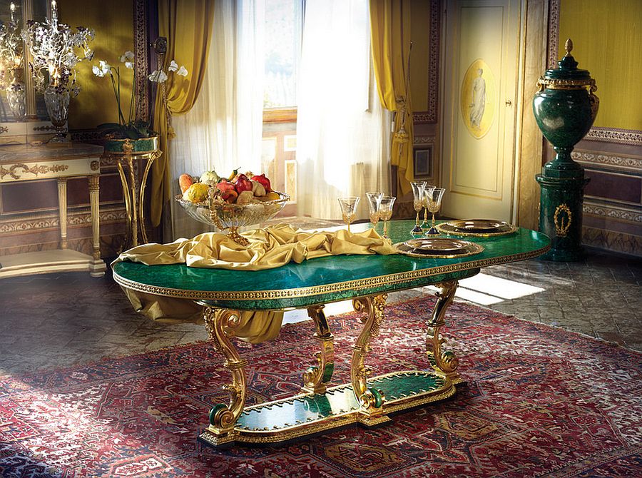 Opulenet dining room with a unique Malachite table