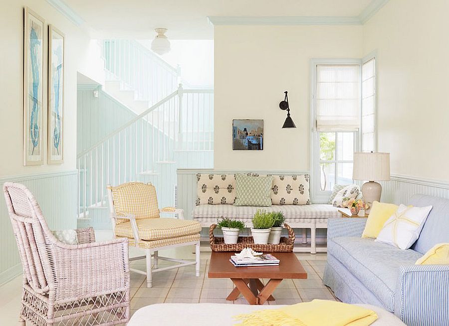 Pastel hues bring cheerful ambaince to the traditional living room