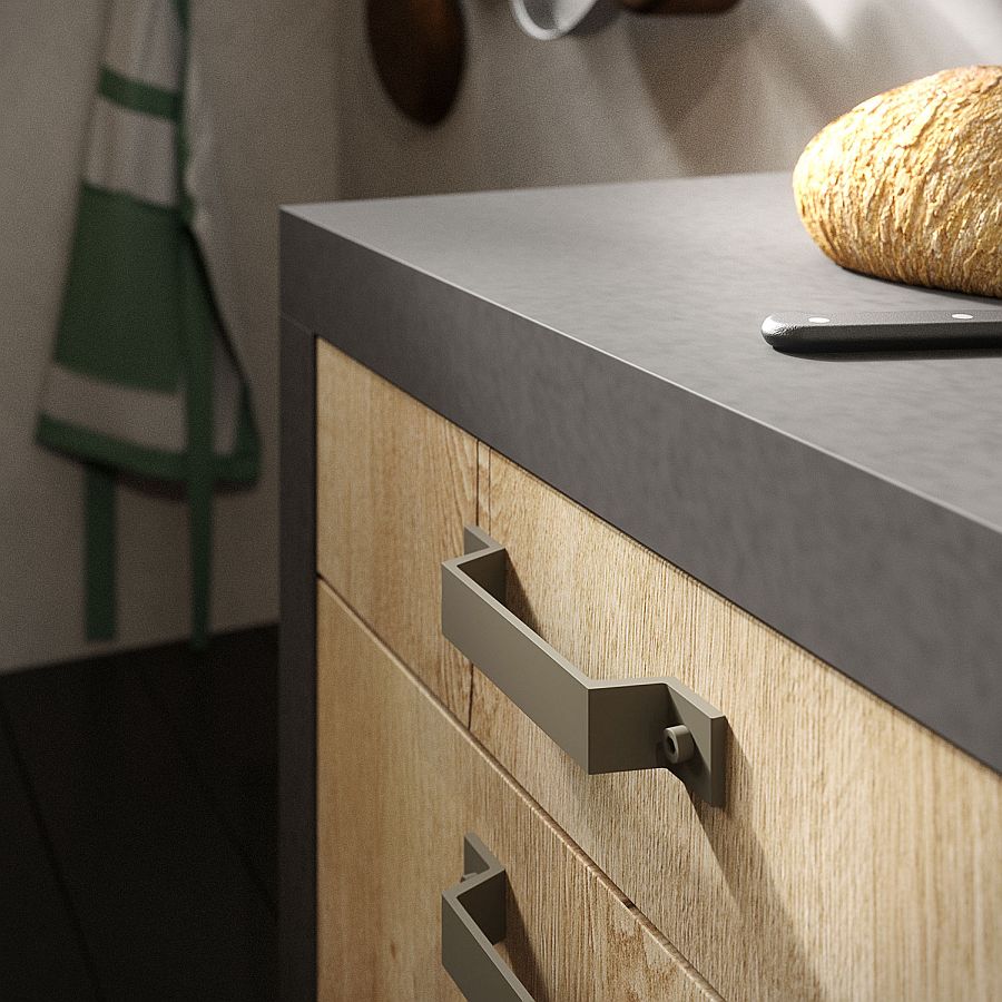 Peltro-finished Nolita handle gives LOFT Kitchen its trademark style