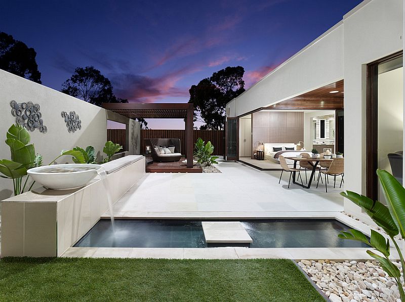 Plunge pool in the backyard of a contemporary house.