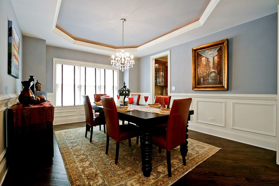 Silvery blue walls and ceiling for the traditional dining room