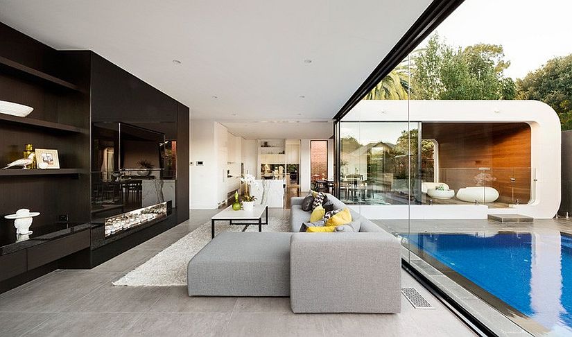 Sitting area wih glass sliding doors make up the contemporary extension