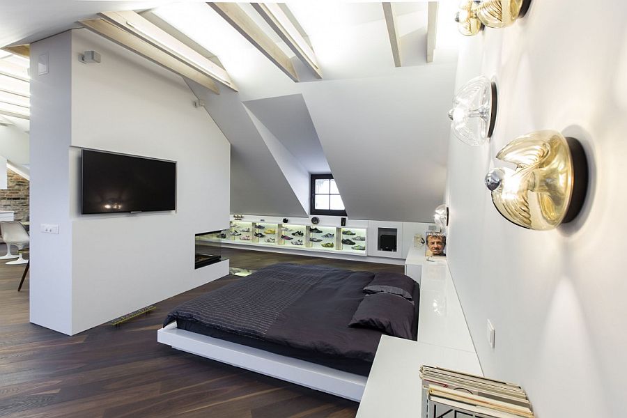 Sleek minimal bedroom with a platform bed in white