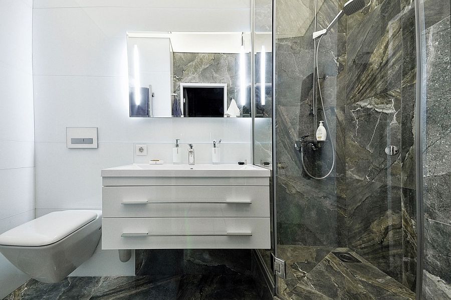 Small bathroom in white and natural stone