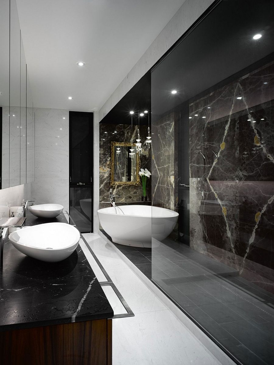 Spa-styled master bath oozes opulence thanks to stone finish