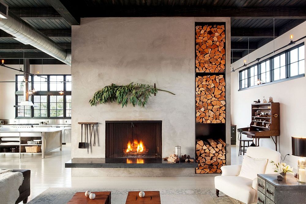 Stacked firewood doubles as an artistic addition in the living area