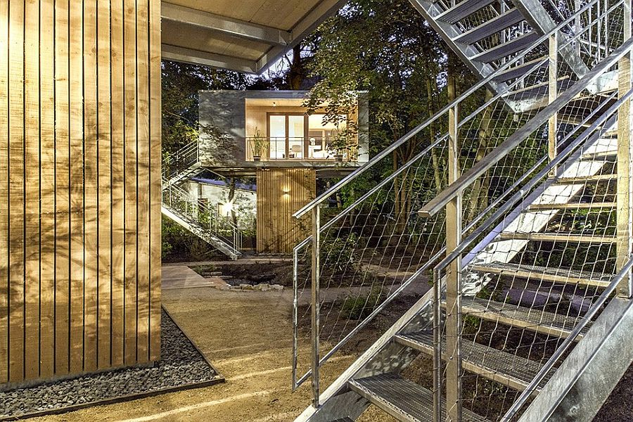 Steel staicase leading to the contemporary treehouse