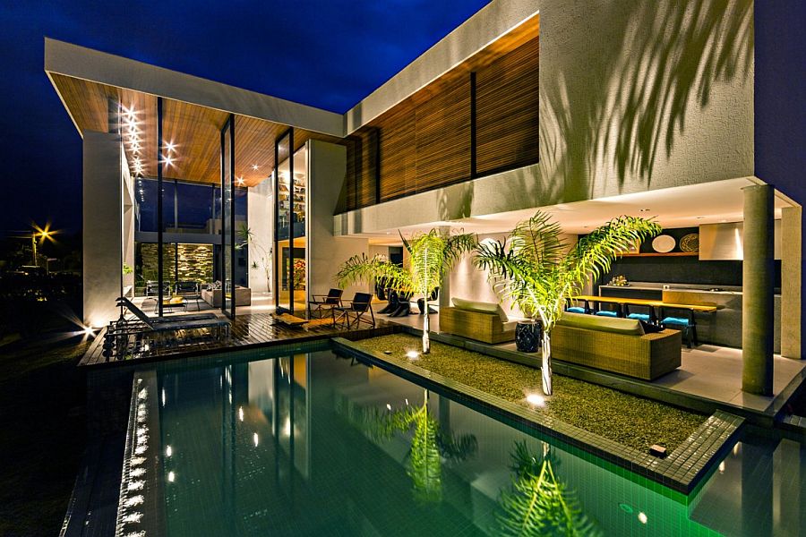 Stunning Brazilian Courtyard and Pool Lit Up at Night