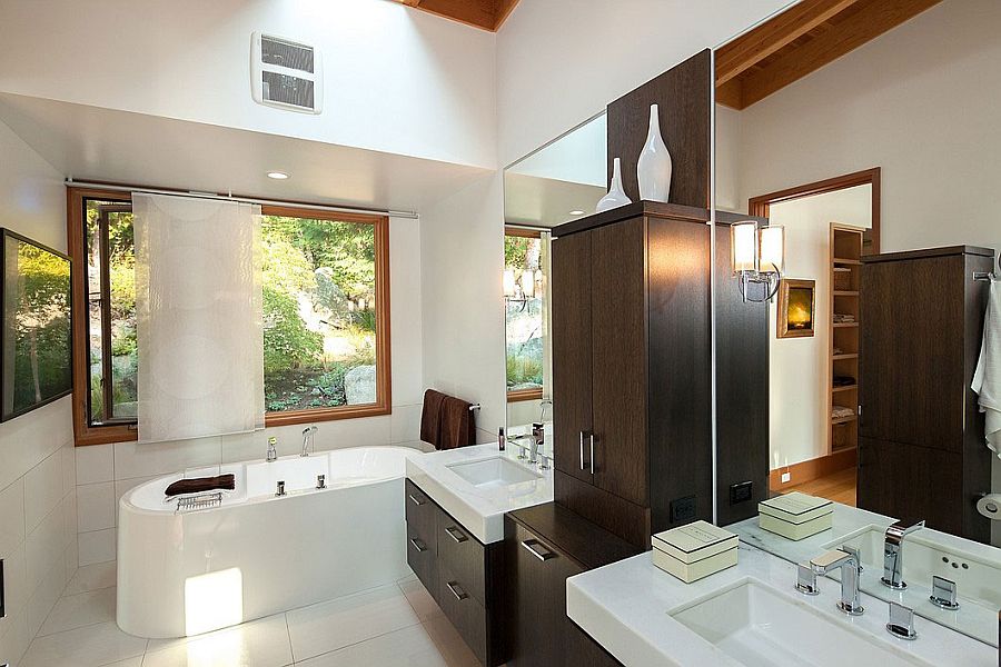 Traditional bathroom design with wooden cabinets and simple vanity